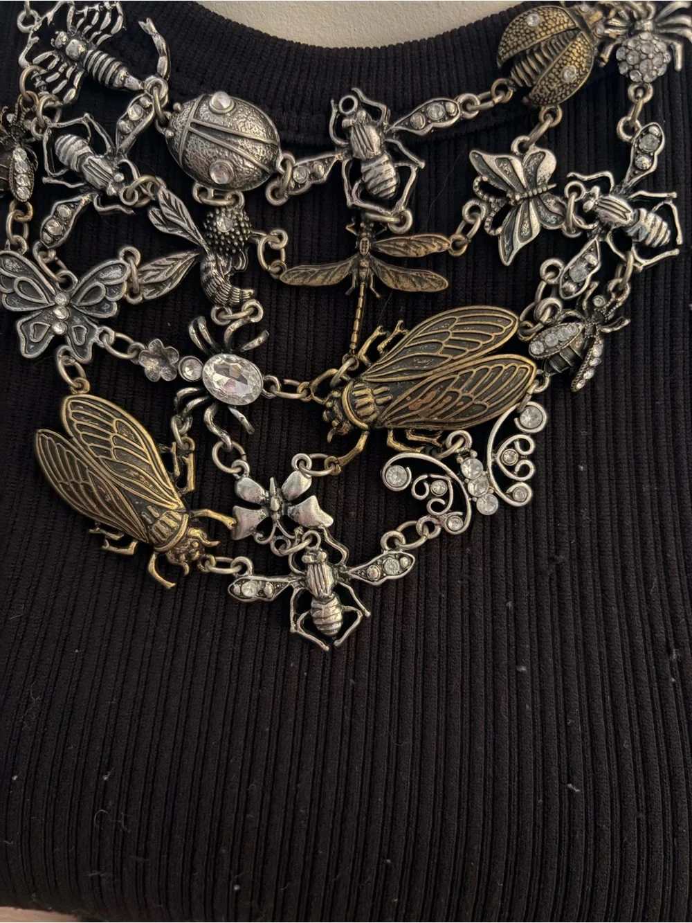 Whimsical Multi-Layered Insect Statement Necklace Silver Brass Rhinestone